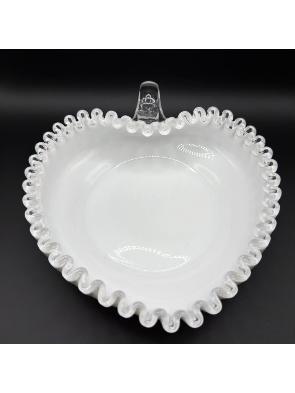 Vintage Fenton Silver Crest Heart Shaped White Milk Glass Candy Dish Handle 6.5"